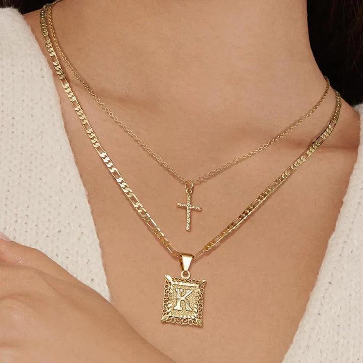 Cross Initial Necklace Set | Gold-Tone