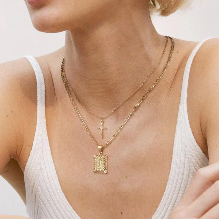 Cross Initial Necklace Set | Gold-Tone