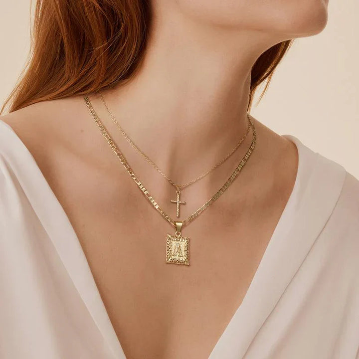 Cross Initial Necklace Set | Gold-Tone