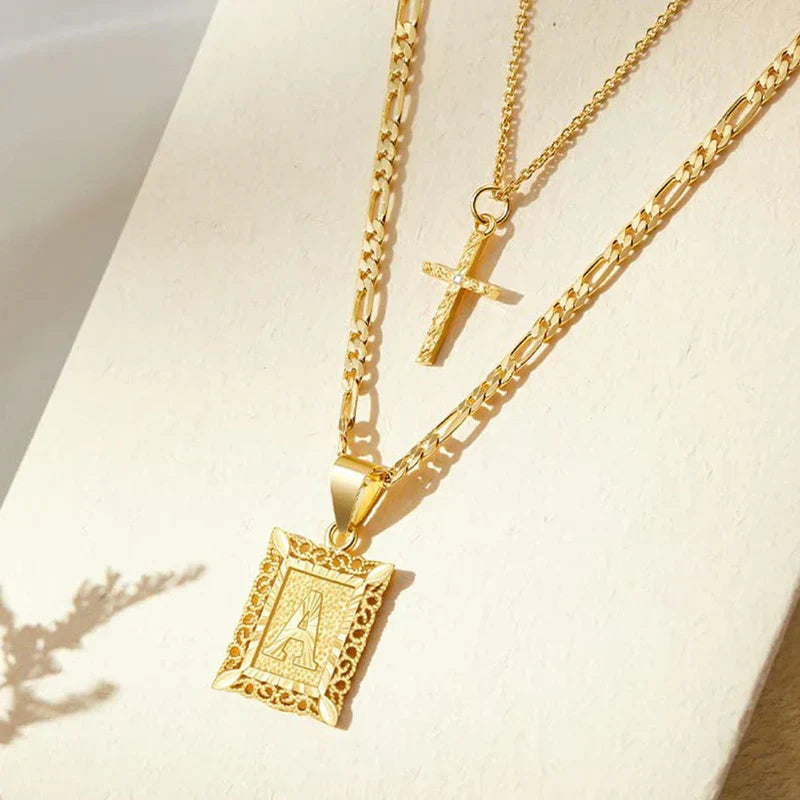 Cross Initial Necklace Set | Gold-Tone