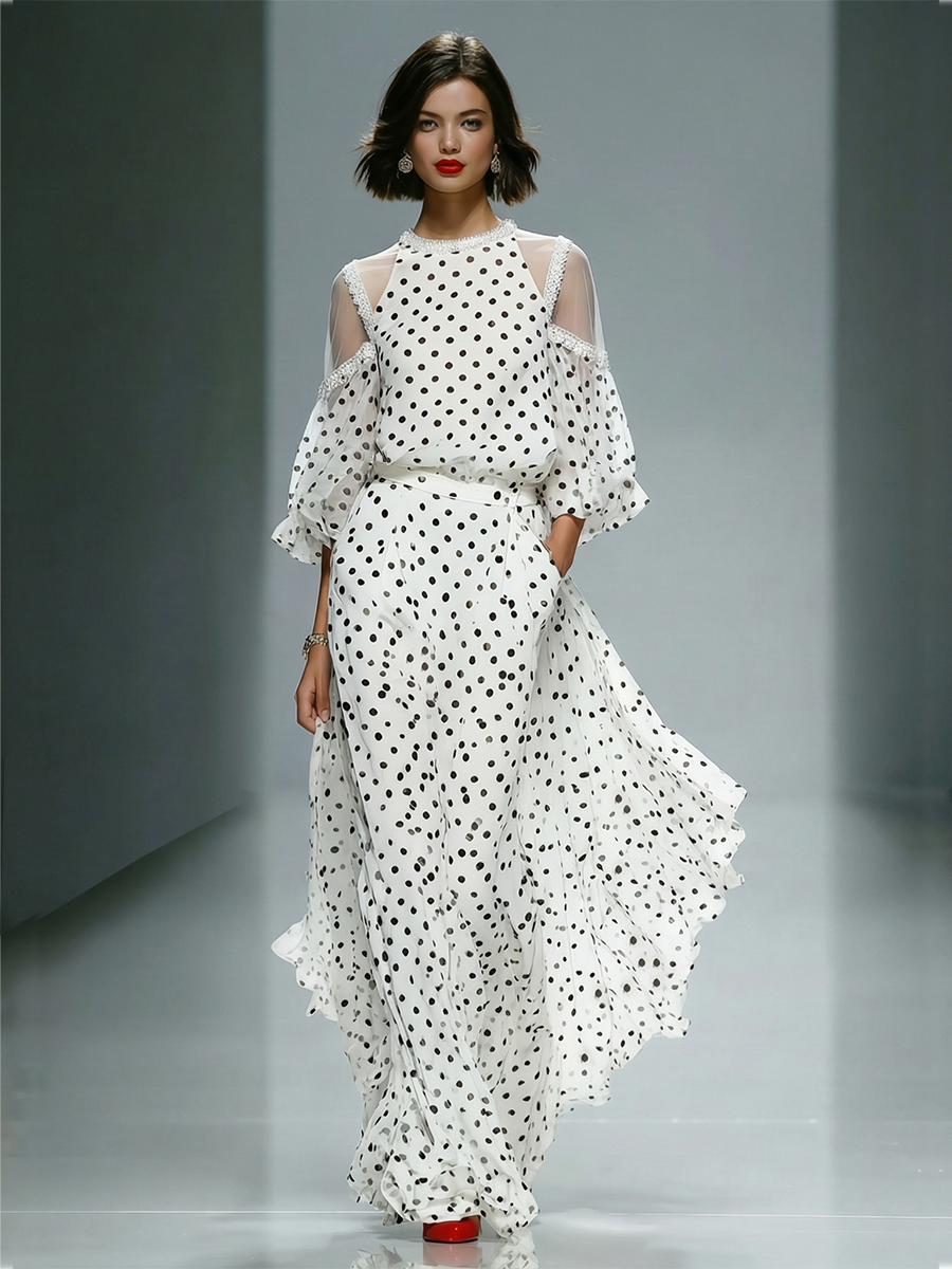 Women's White Polka Dot Chiffon Dress With Sheer Cold-Shoulder Puffed Sleeves, Timeless Retro-Elegant Style Dress