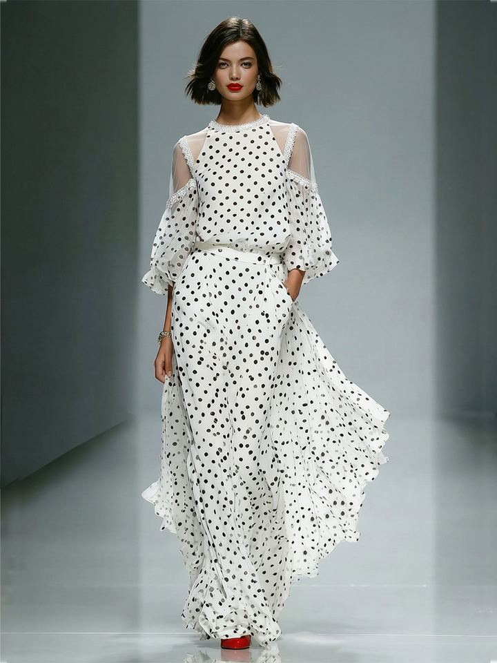 Women's White Polka Dot Chiffon Dress With Sheer Cold-Shoulder Puffed Sleeves, Timeless Retro-Elegant Style Dress