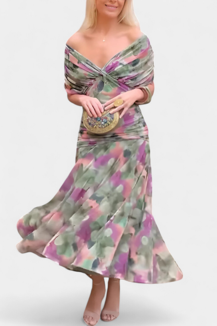 Alondra Long Dress with Floral Fancy Design and Decollete