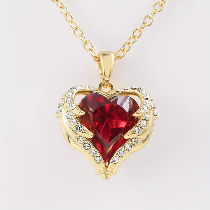 Angel Embrace Red Stone Heart Necklace | Gold-Tone