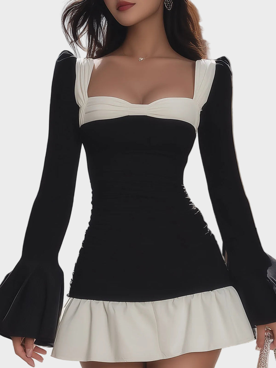 Black And White Color-blocked Square-neck Ruffled Bodycon Little Black Dress