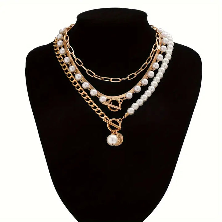 Vintage Faux Pearl & Gold-Tone Snake Chain Necklace Set | Gold-Tone