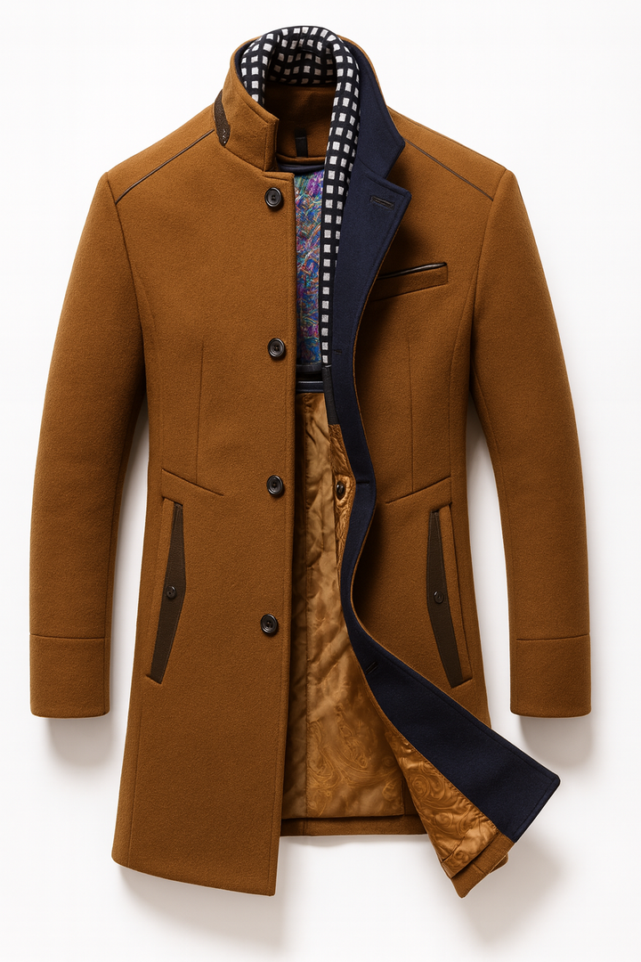 Wool Blend Overcoat with Notch Lapel Collar