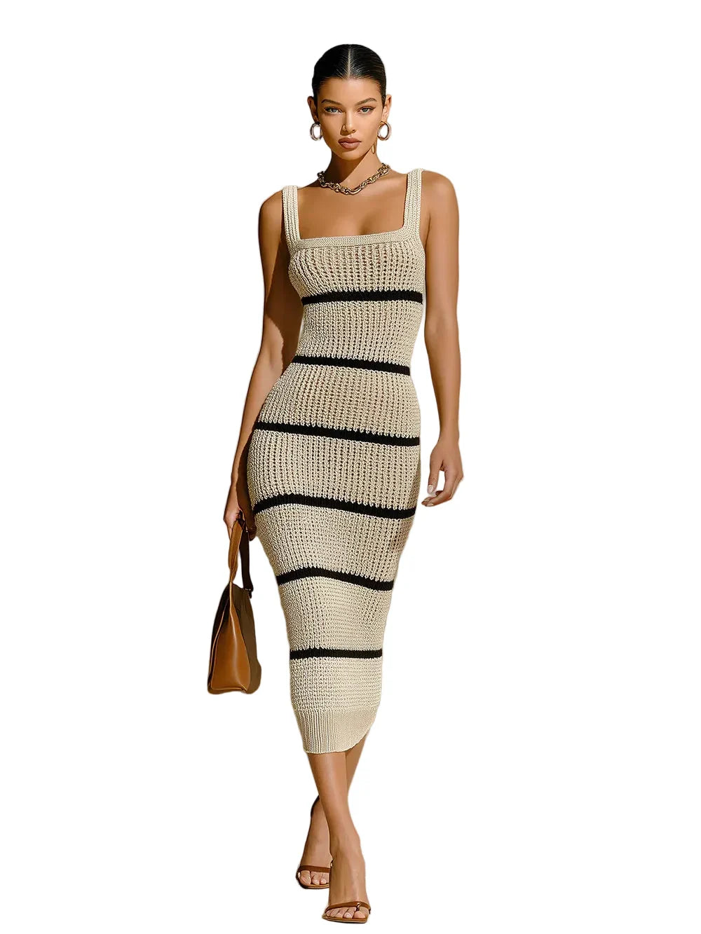 Chic Elegant Beige Striped Strappy Sleeveless Slim-Fit Ribbed Knit Midi Dress