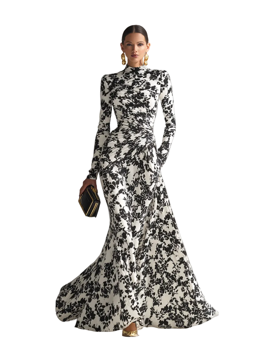 Women's Black And White Patterned Stretch Blend Wrap Dress