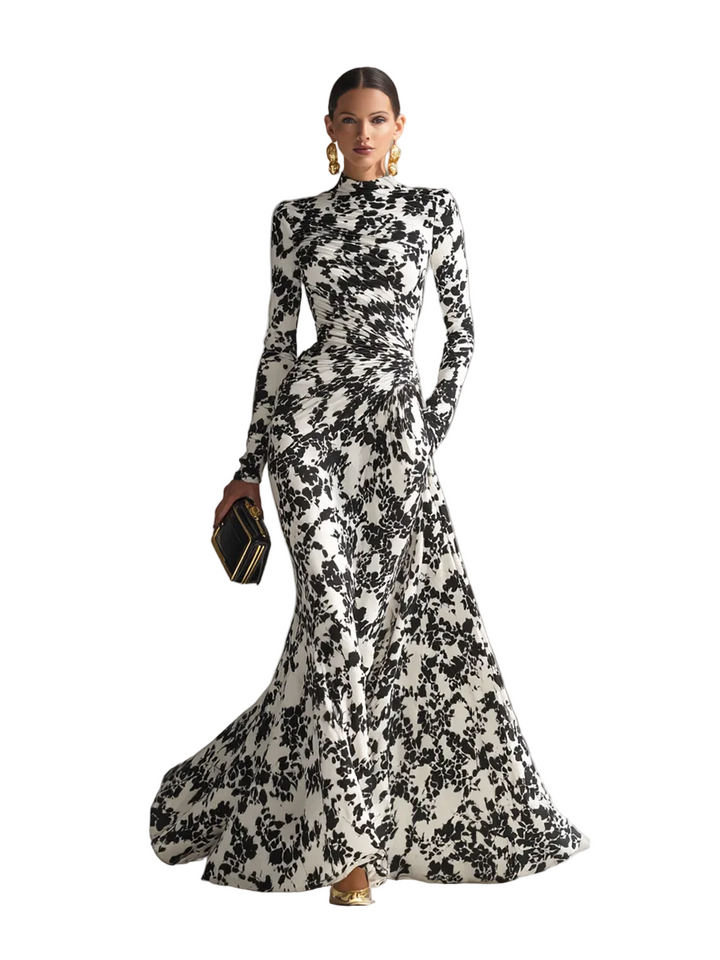 Women's Black And White Patterned Stretch Blend Wrap Dress