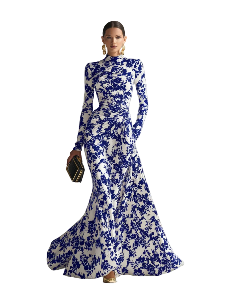 Women's Black And White Patterned Stretch Blend Wrap Dress