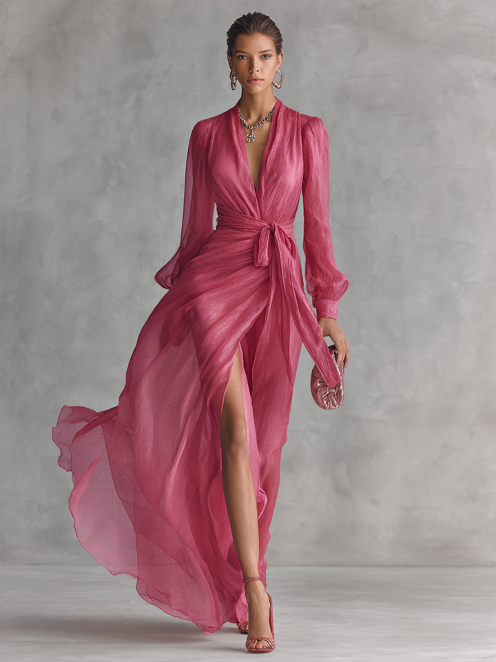 Women's Elegant Rose Pink Pearl Chiffon V-neck Tie-waist Long Dress