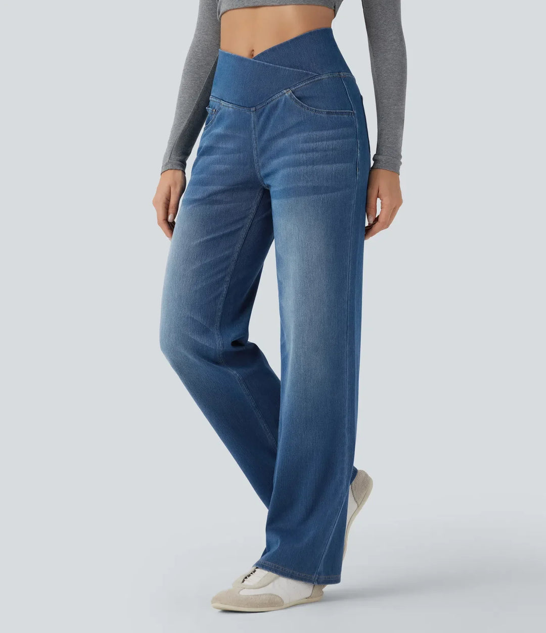 UltraStretch Crossover High Waisted Tummy Control Casual Straight Leg Jeans with Pockets