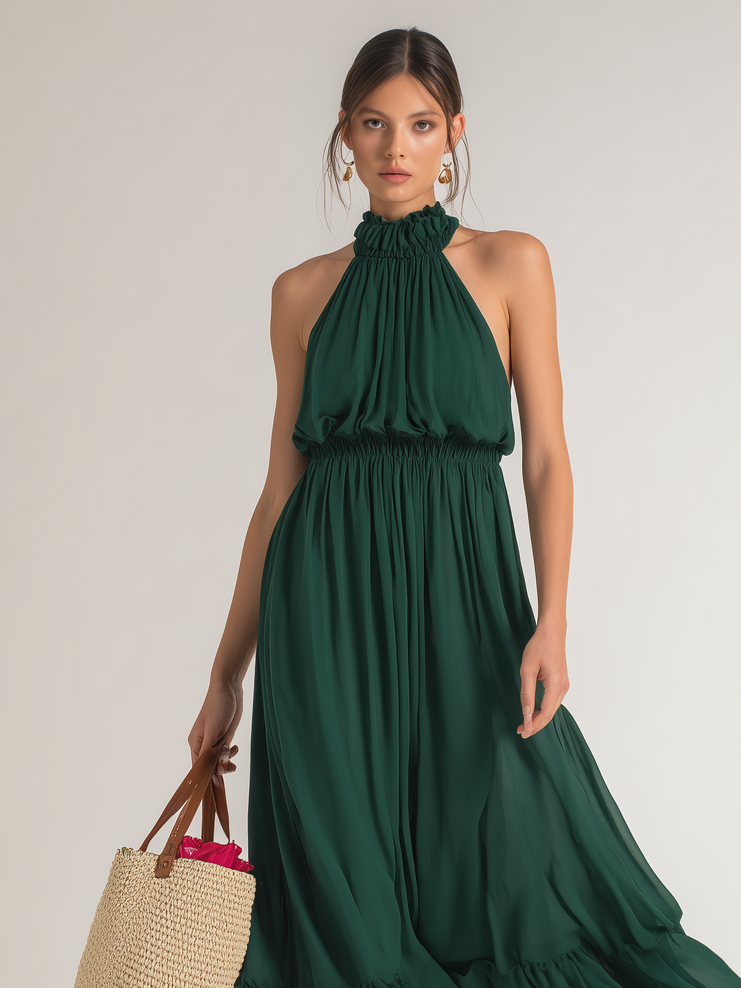 Women's Elegant Dark Green Chiffon Round Neck Sleeveless Long Dress