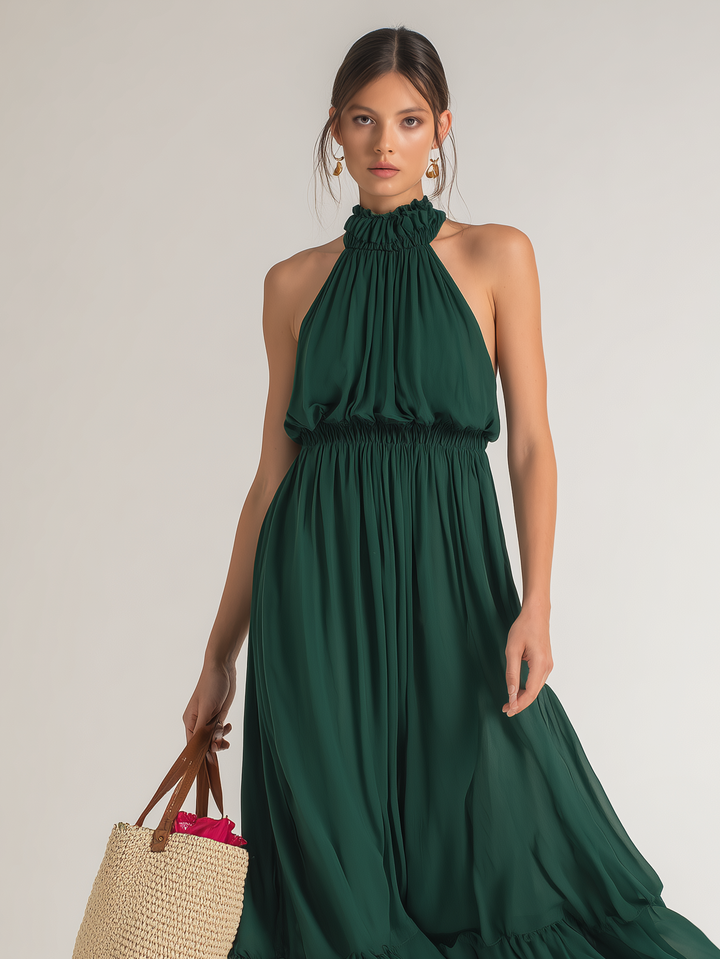 Women's Elegant Dark Green Chiffon Round Neck Sleeveless Long Dress