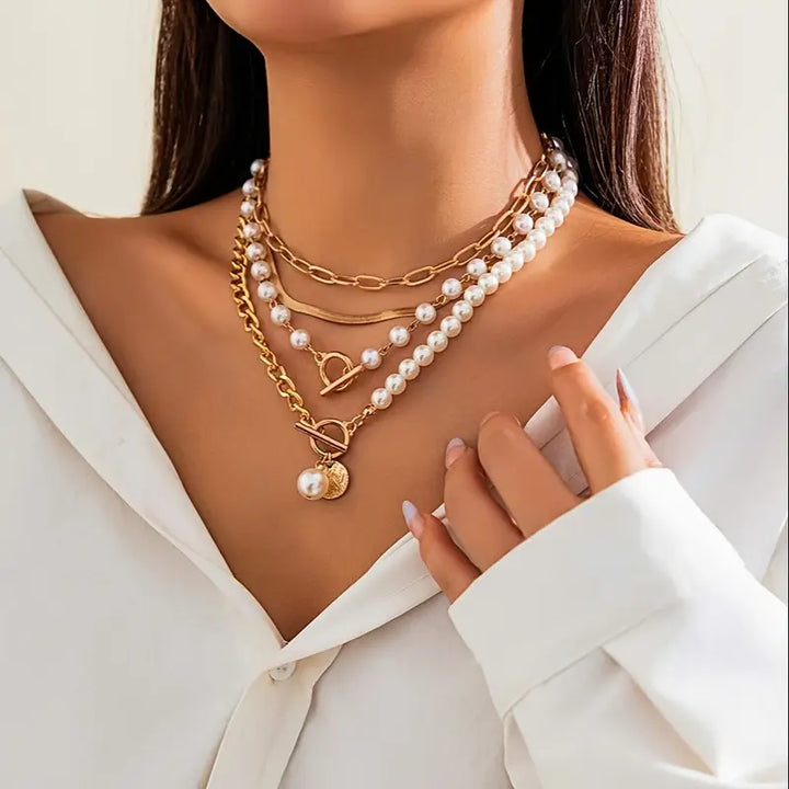 Vintage Faux Pearl & Gold-Tone Snake Chain Necklace Set | Gold-Tone