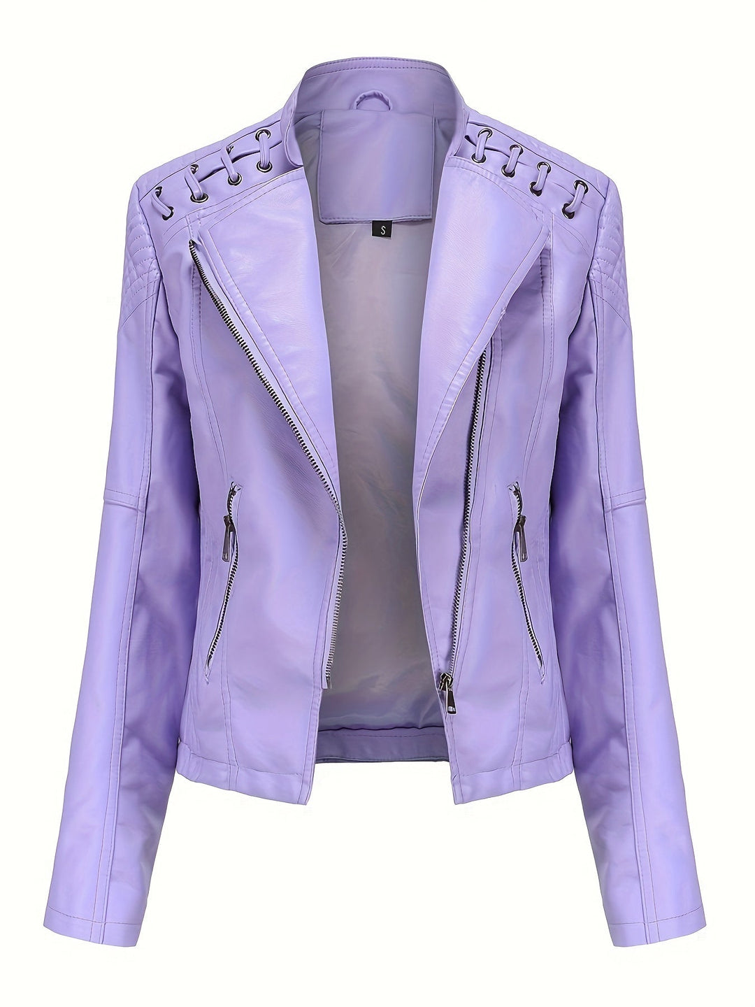 Elegant Faux Leather Moto Jacket for Women with Notch Lapel Zip Front Studded Shoulder