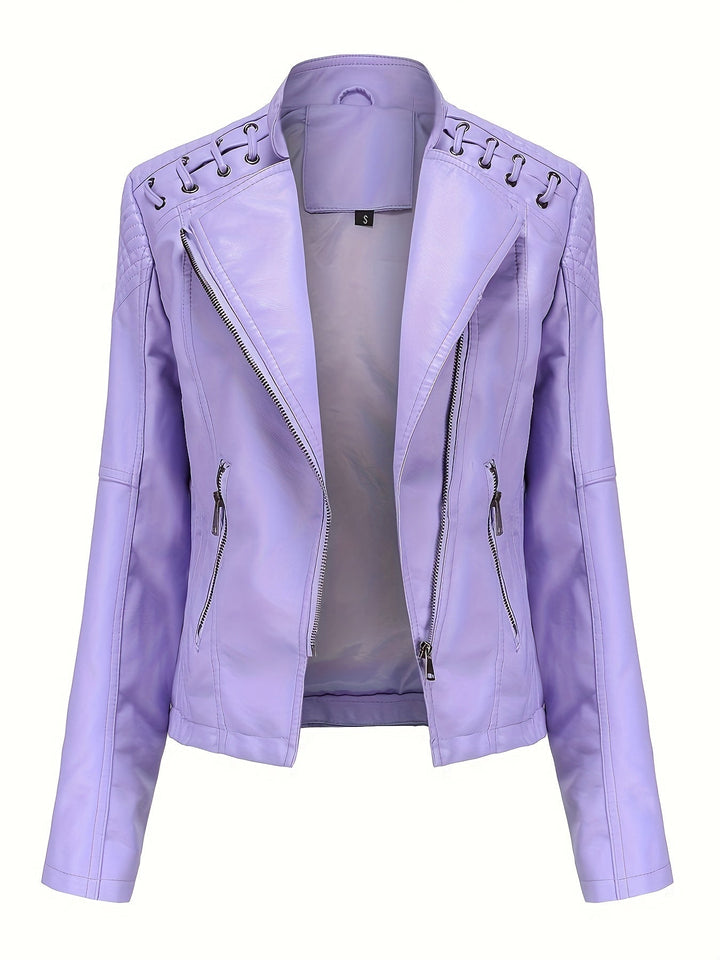 Elegant Faux Leather Moto Jacket for Women with Notch Lapel Zip Front Studded Shoulder