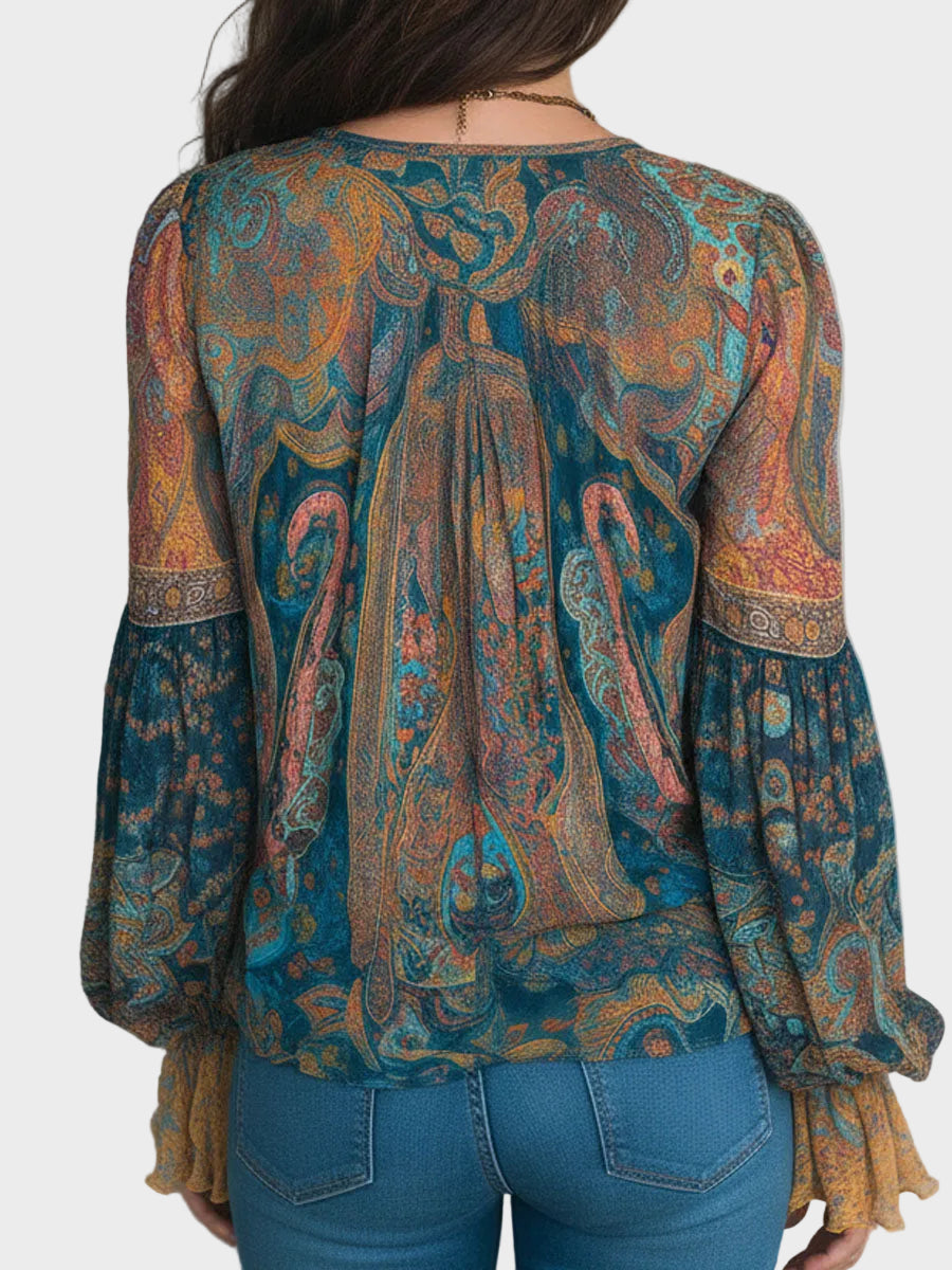 Alina | Bohemian Teal & Amber Paisley Chiffon Blouse With Ruffled Cuffs