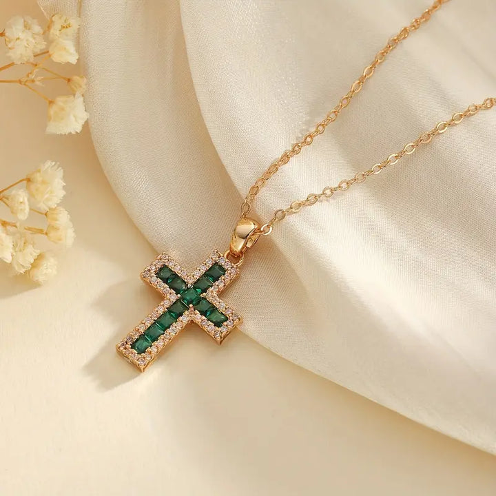 Solene Green Stone Cross Pendant Necklace | Gold-Tone
