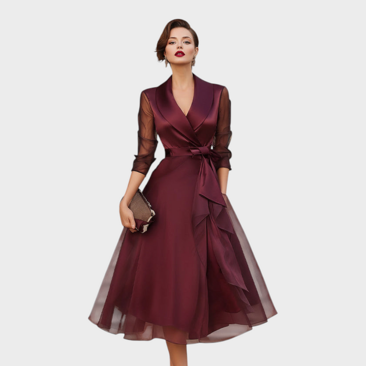 Faye | Belted Layered Midi Dress in Burgundy with Collar Detail