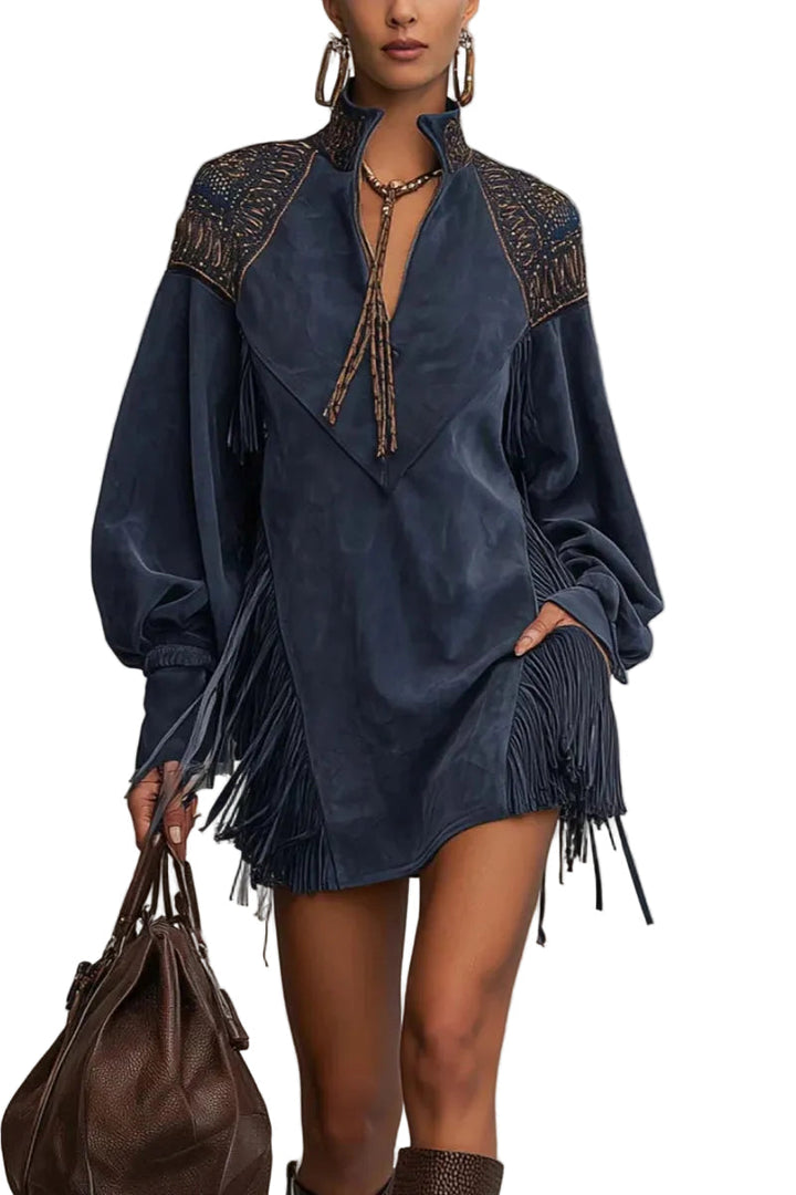 Renata - Indigo Faux Suede Embroidered Tassel Mini Dress