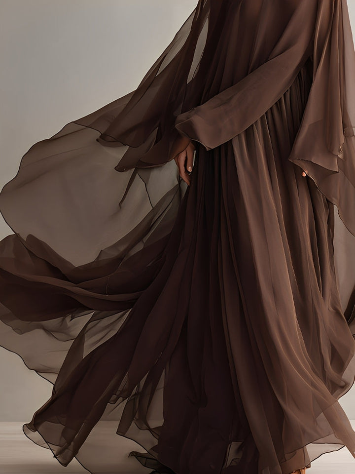 Women's Rich Brown Chiffon Dress With Flowy Maxi Silhouette & Cape-like Design, Modern Elegant-Glam Style Dress