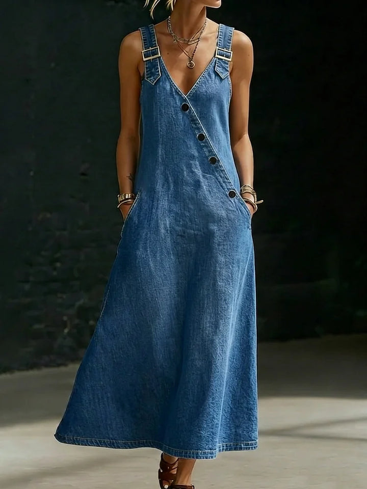 Long Denim Shirt Dress with Button Front for Women