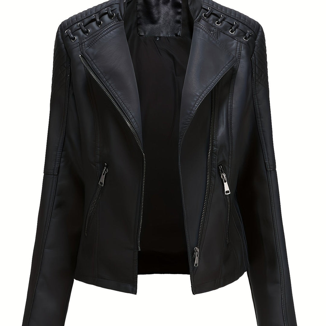 Elegant Faux Leather Moto Jacket for Women with Notch Lapel Zip Front Studded Shoulder