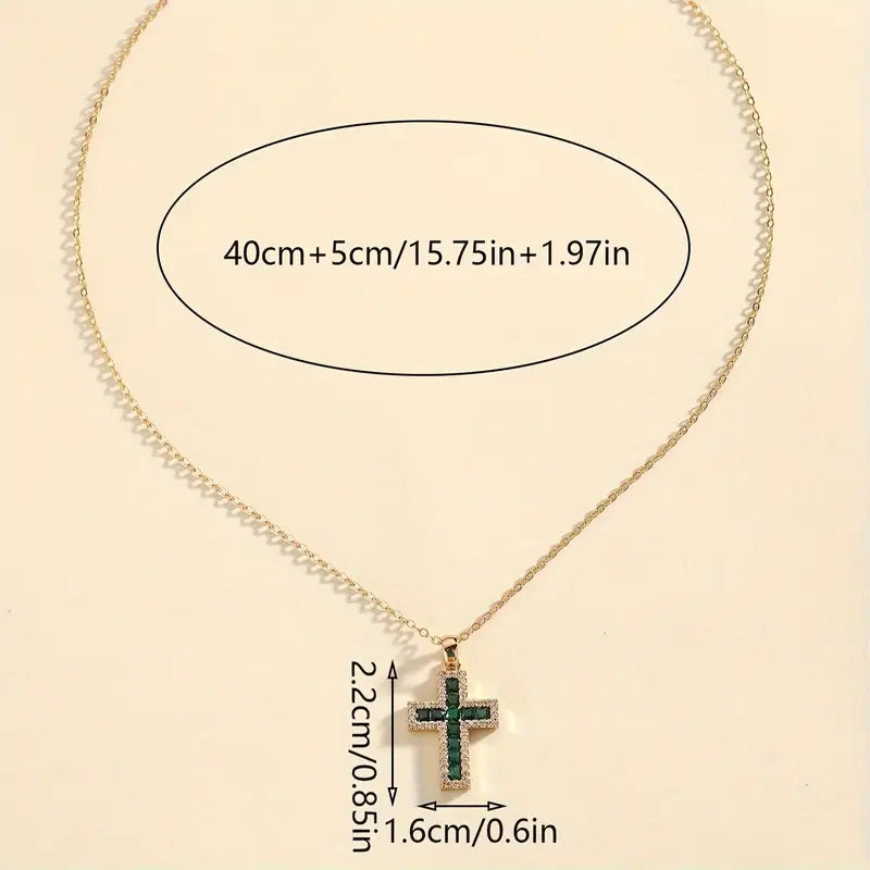 Solene Green Stone Cross Pendant Necklace | Gold-Tone