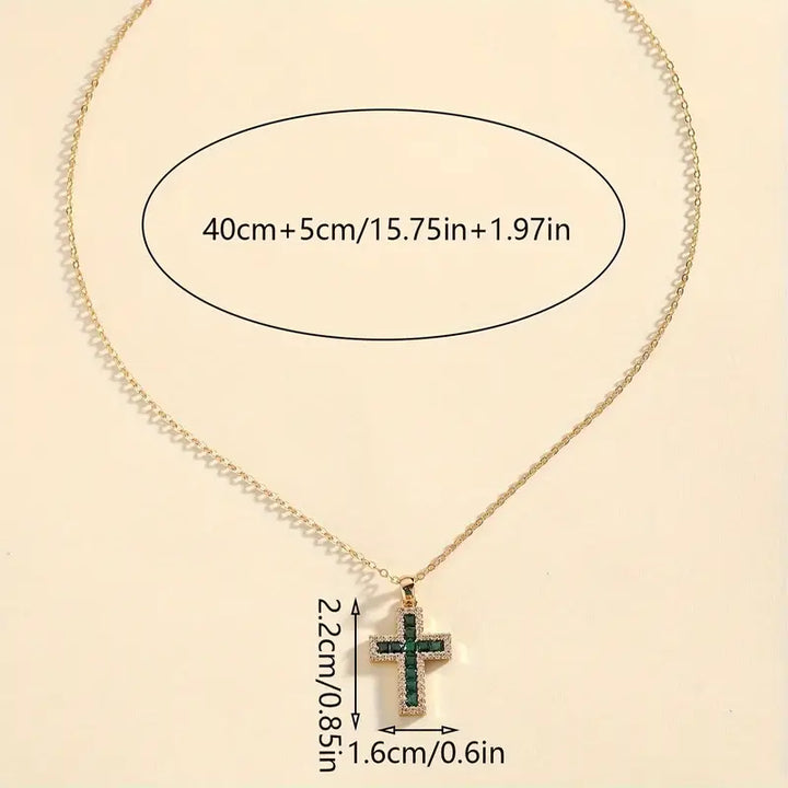 Solene Green Stone Cross Pendant Necklace | Gold-Tone