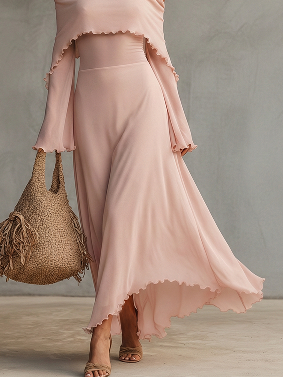 Women's Blush Chiffon Dress With Halter Neck & Cold-Shoulder Sleeves, Timeless Boho-Elegant Style Dress