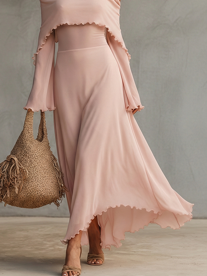 Women's Blush Chiffon Dress With Halter Neck & Cold-Shoulder Sleeves, Timeless Boho-Elegant Style Dress