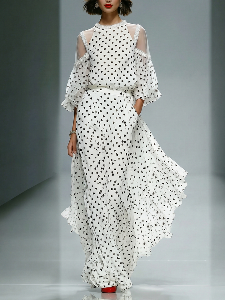 Women's White Polka Dot Chiffon Dress With Sheer Cold-Shoulder Puffed Sleeves, Timeless Retro-Elegant Style Dress