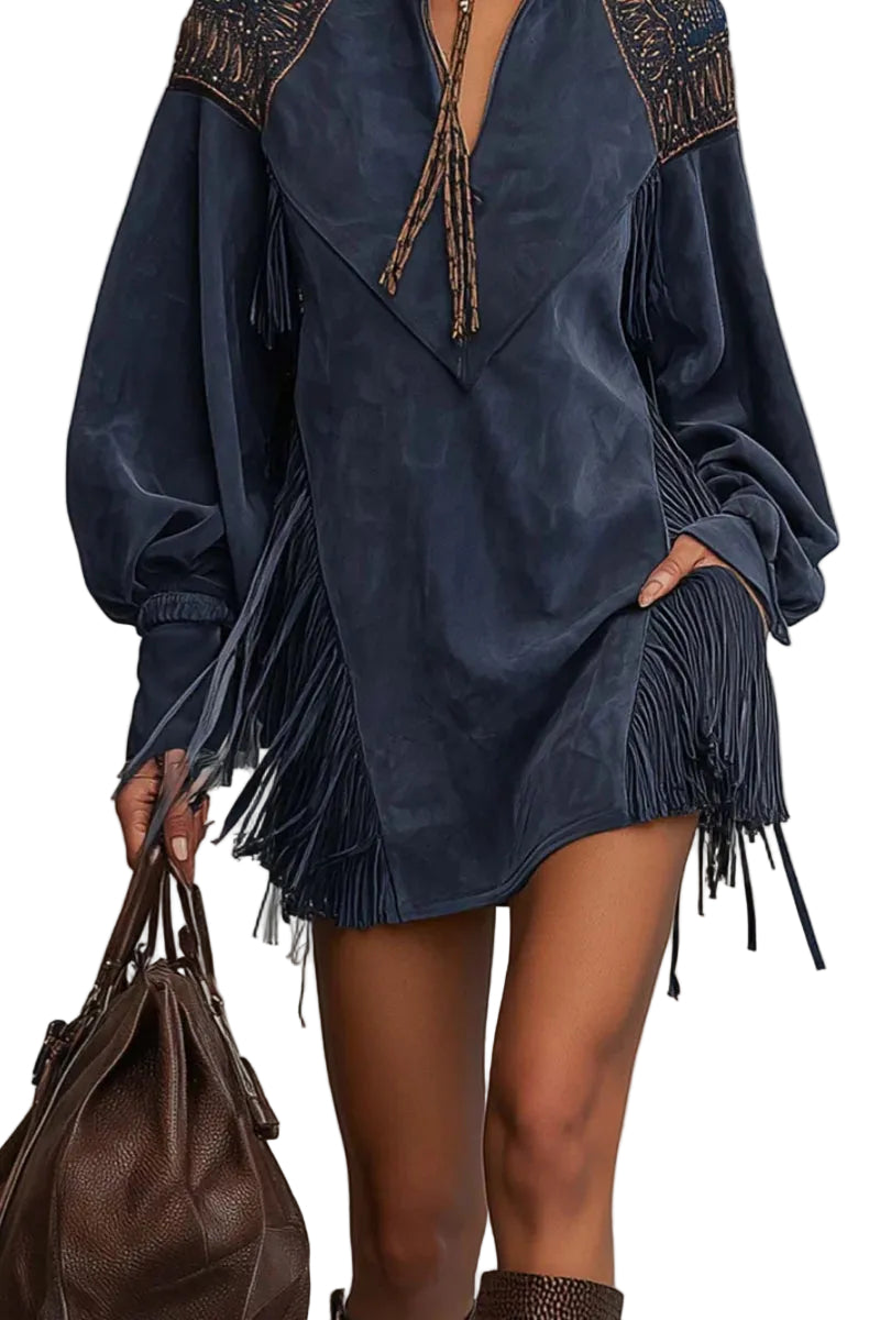 Renata - Indigo Faux Suede Embroidered Tassel Mini Dress