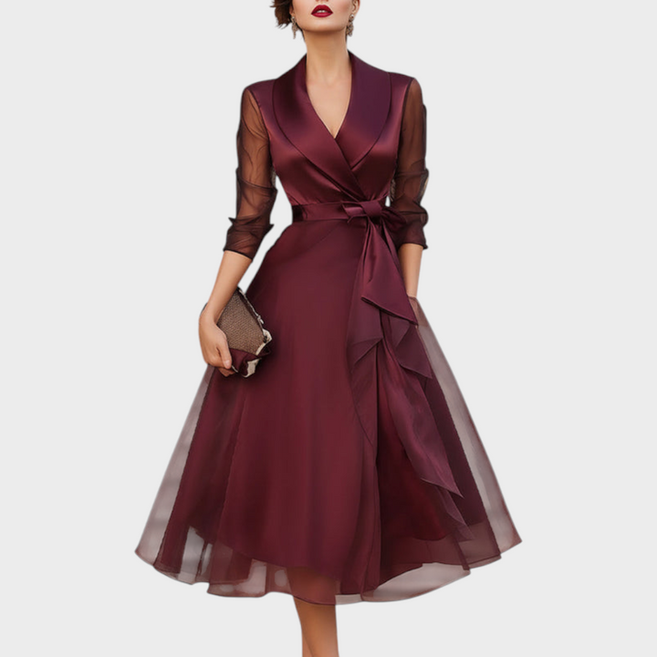 Faye | Wrap Midi Dress with Sheer Three-Quarter Sleeves