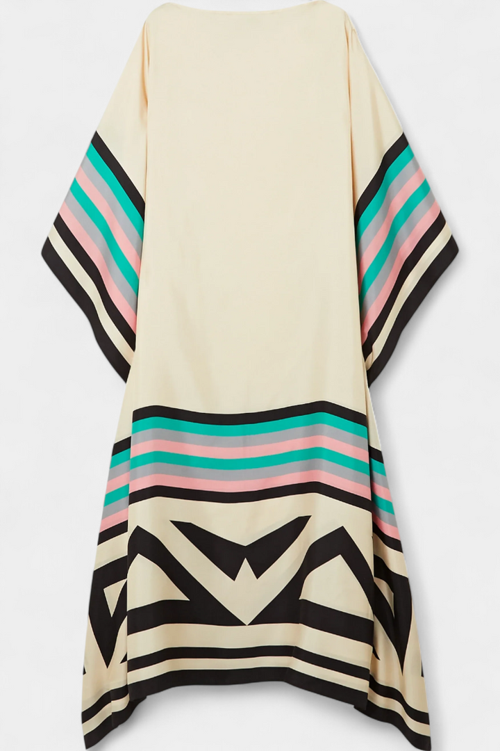 Elenora Kaftan with Geometric Pattern, Wide Line and Butterfly Mesh Fabric