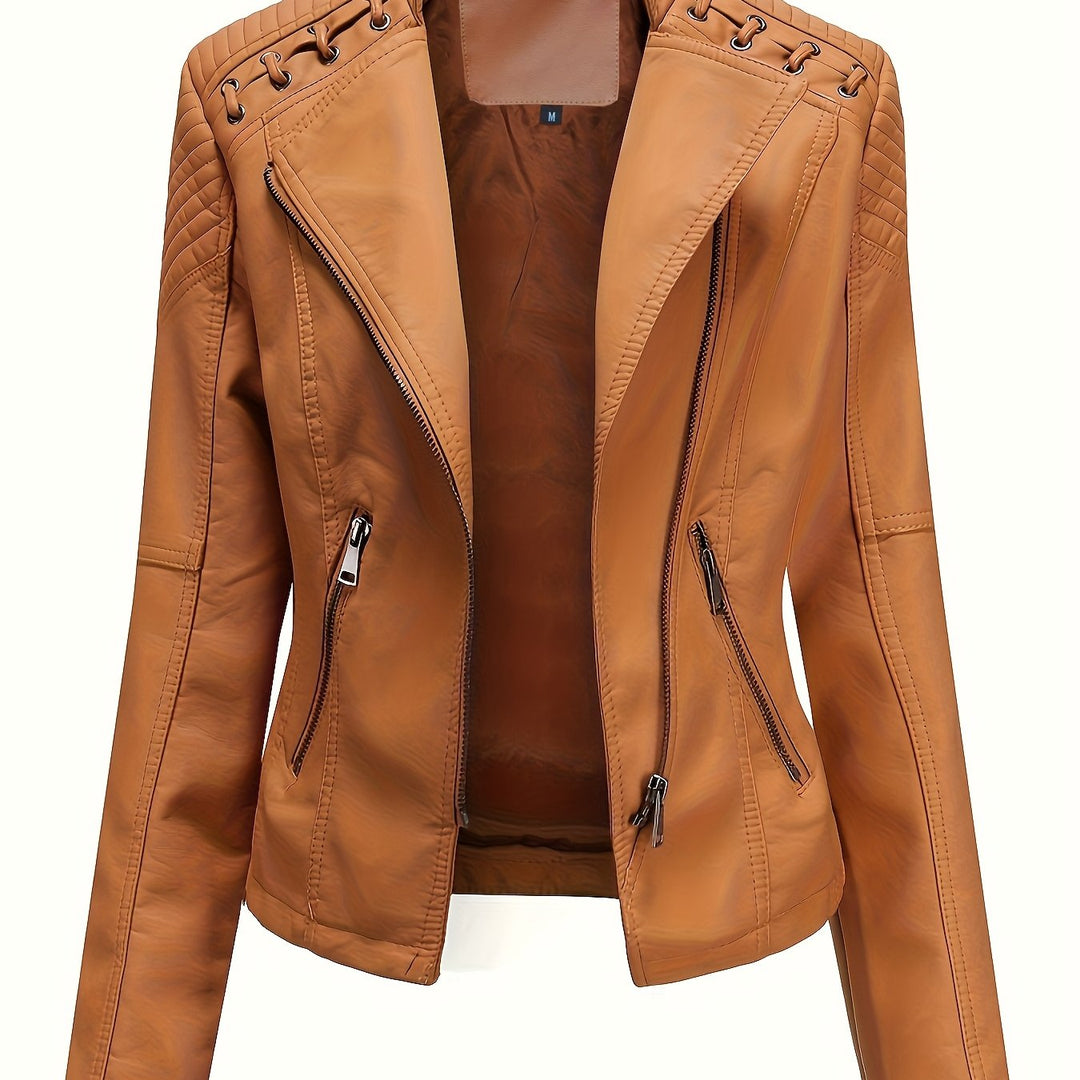 Elegant Faux Leather Moto Jacket for Women with Notch Lapel Zip Front Studded Shoulder