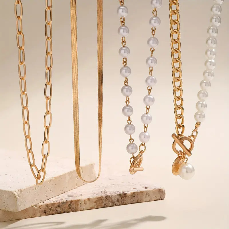 Vintage Faux Pearl & Gold-Tone Snake Chain Necklace Set | Gold-Tone