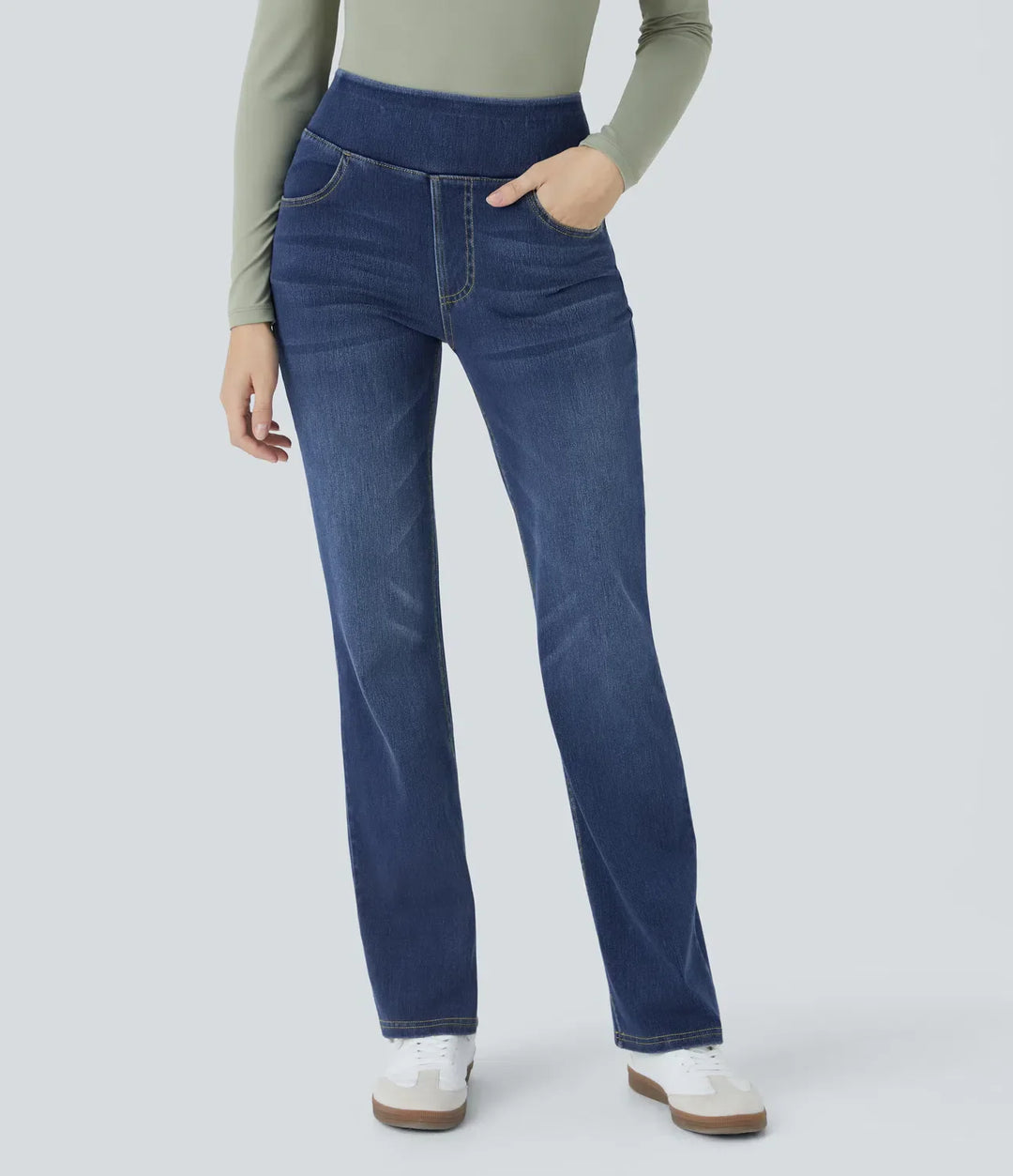 Premium Wash High Waisted Pockets Washed Casual Bootcut Jeans