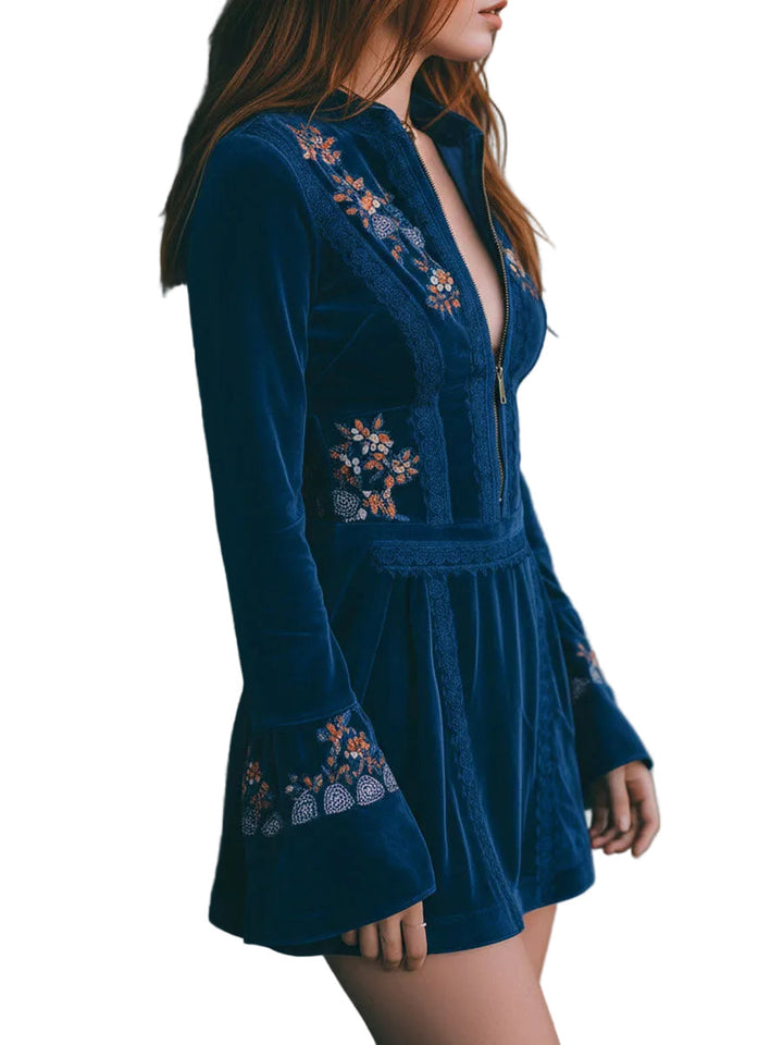 Boho Blue Velvet Zipper Front Lace Trim Embroidered Mini Dress