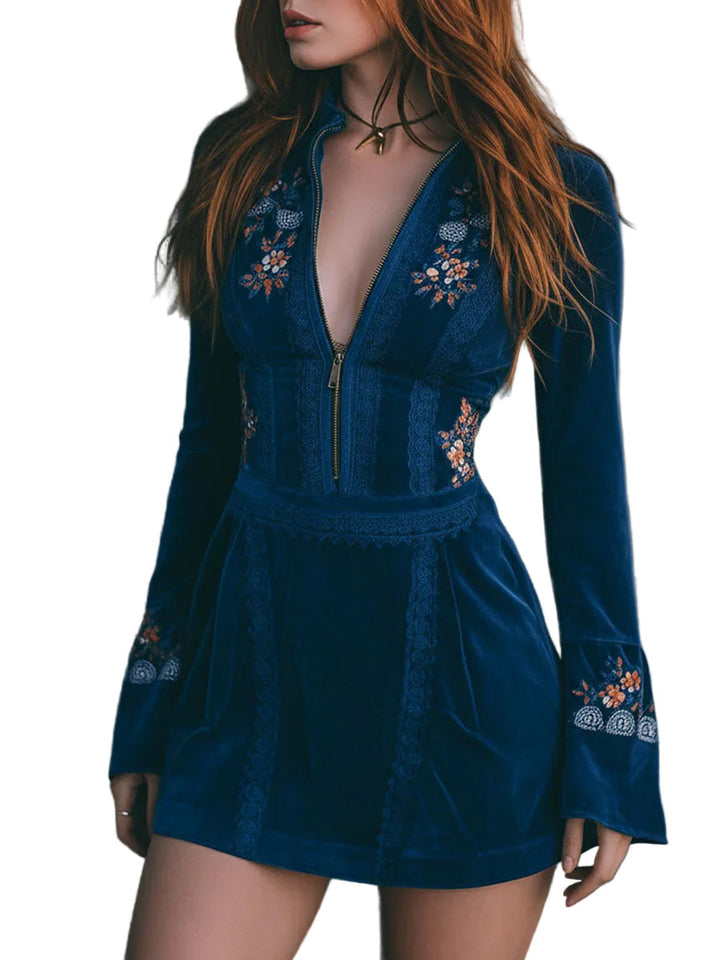 Boho Blue Velvet Zipper Front Lace Trim Embroidered Mini Dress
