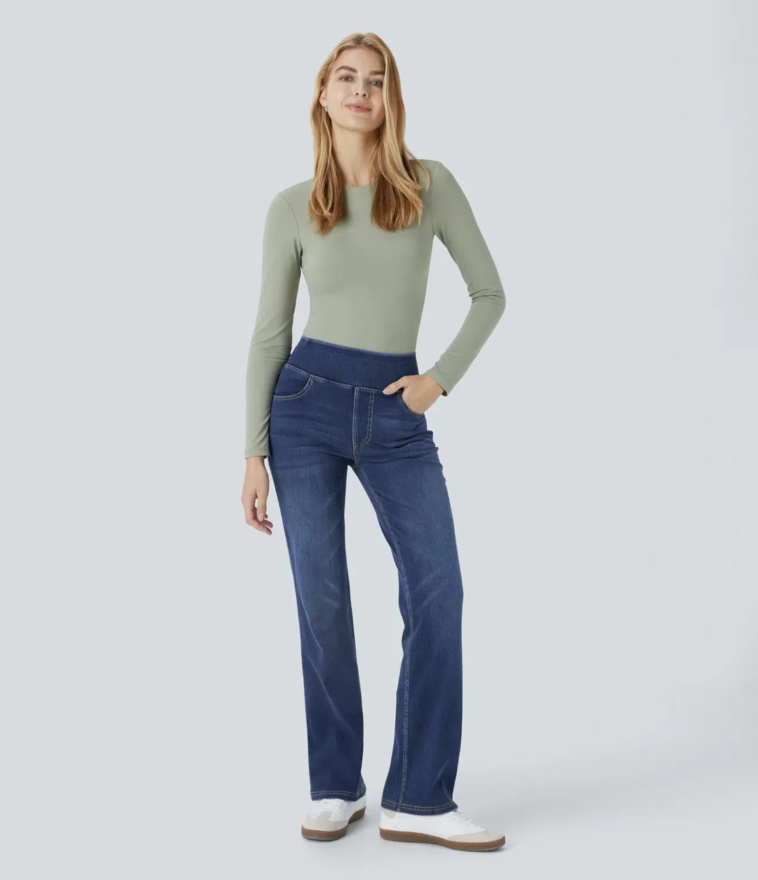 Premium Wash High Waisted Pockets Washed Casual Bootcut Jeans
