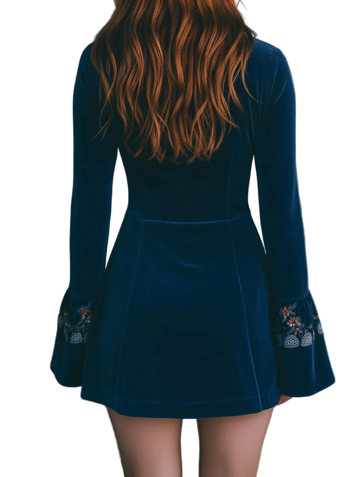 Boho Blue Velvet Zipper Front Lace Trim Embroidered Mini Dress
