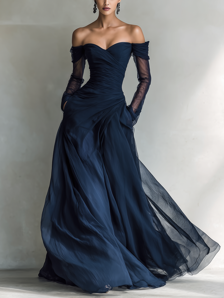 Women's Elegant Dark Blue Chiffon Organza Off-shoulder Long-sleeved Fitted Maxi Dress