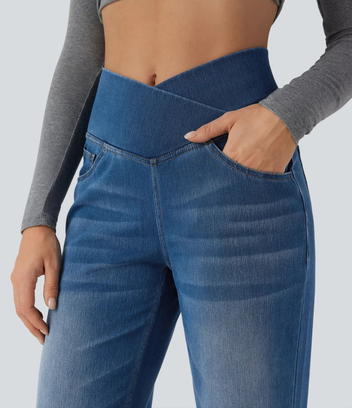 UltraStretch Crossover High Waisted Tummy Control Casual Straight Leg Jeans with Pockets
