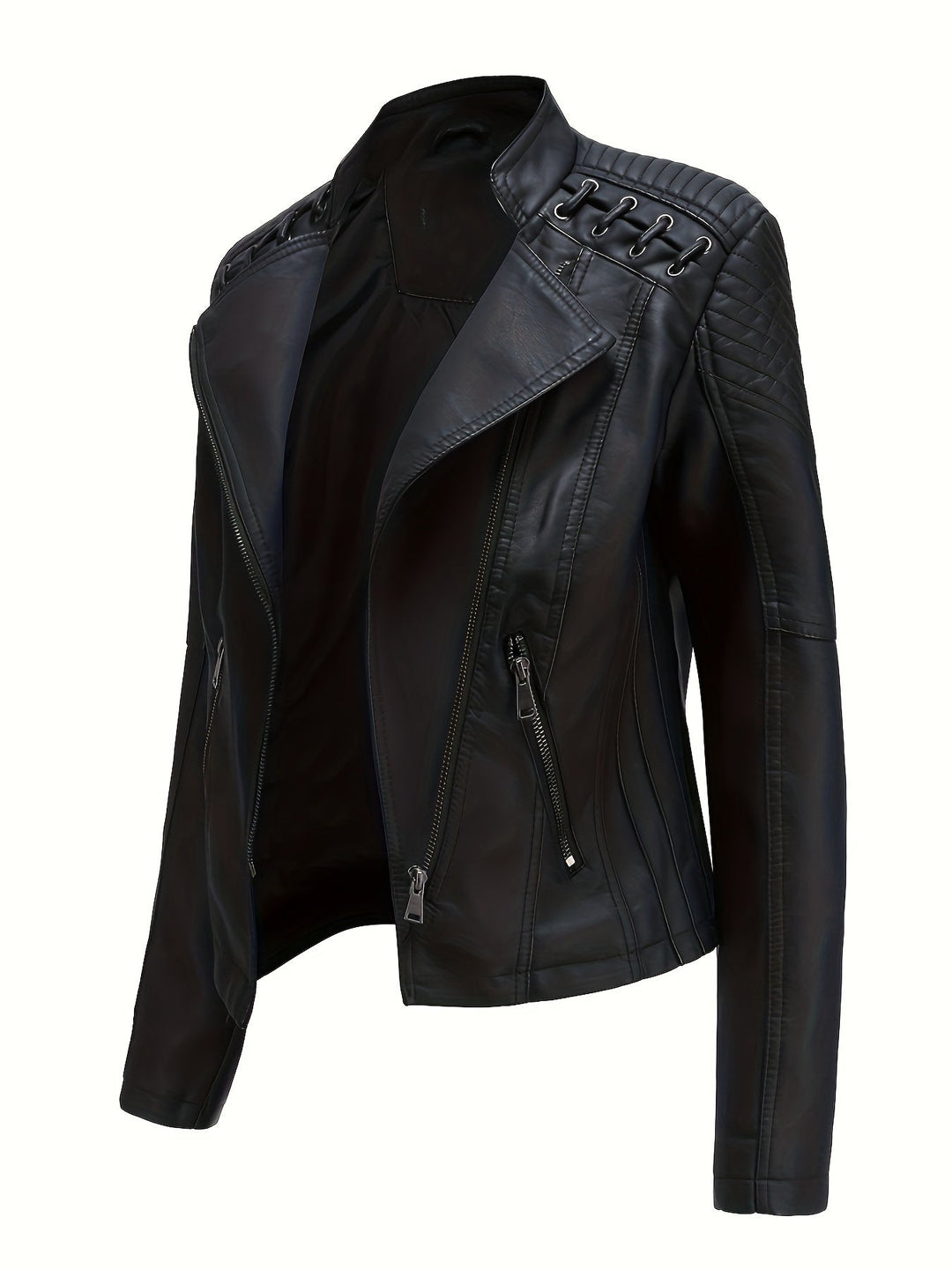 Elegant Faux Leather Moto Jacket for Women with Notch Lapel Zip Front Studded Shoulder