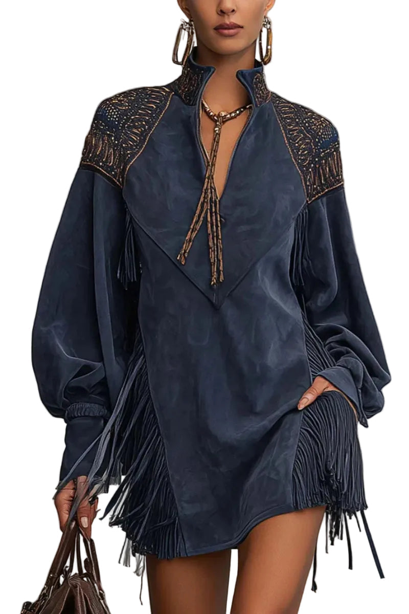 Renata - Indigo Faux Suede Embroidered Tassel Mini Dress