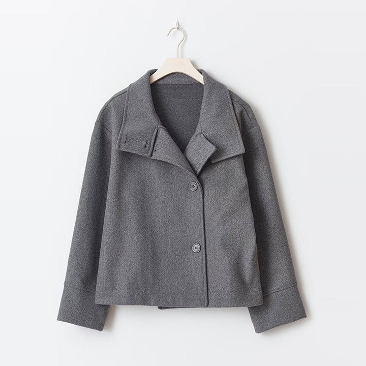 Elegant Wool Jacket for Women with Funnel Neck Long Sleeve Oversized Cropped Casual Style