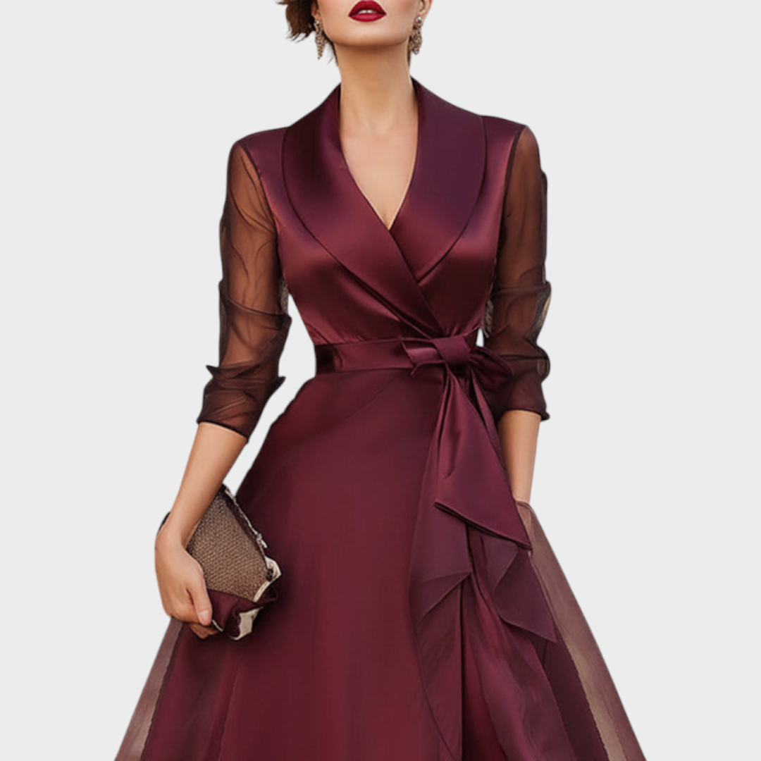 Faye | Wrap Midi Dress with Sheer Three-Quarter Sleeves